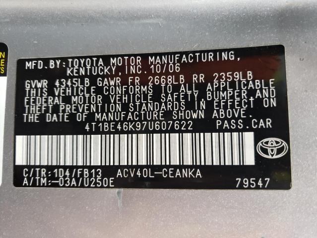 4T1BE46K97U607622 - 2007 TOYOTA CAMRY CE SILVER photo 12