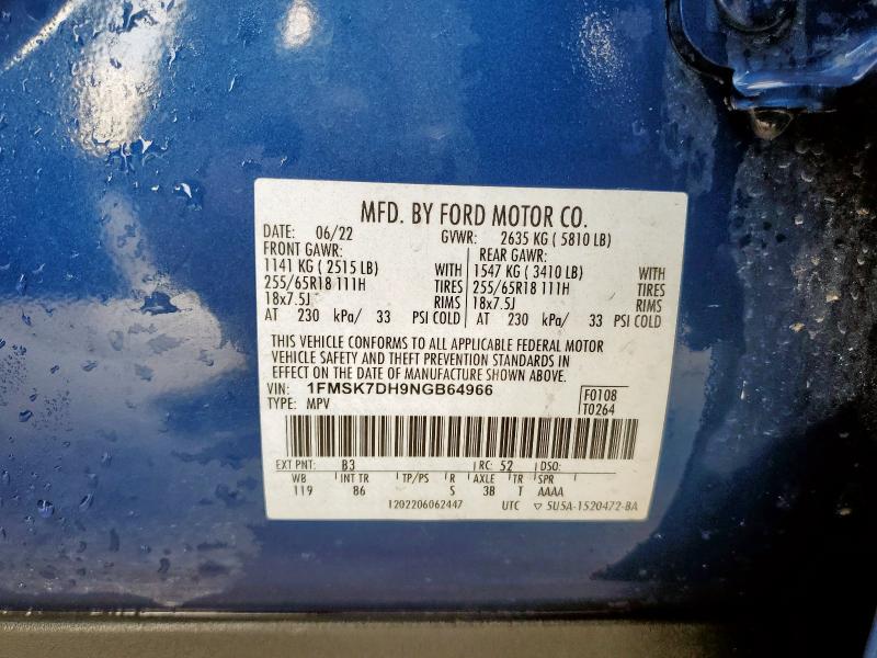 1FMSK7DH9NGB64966 - 2022 FORD EXPLORER XLT BLUE photo 14