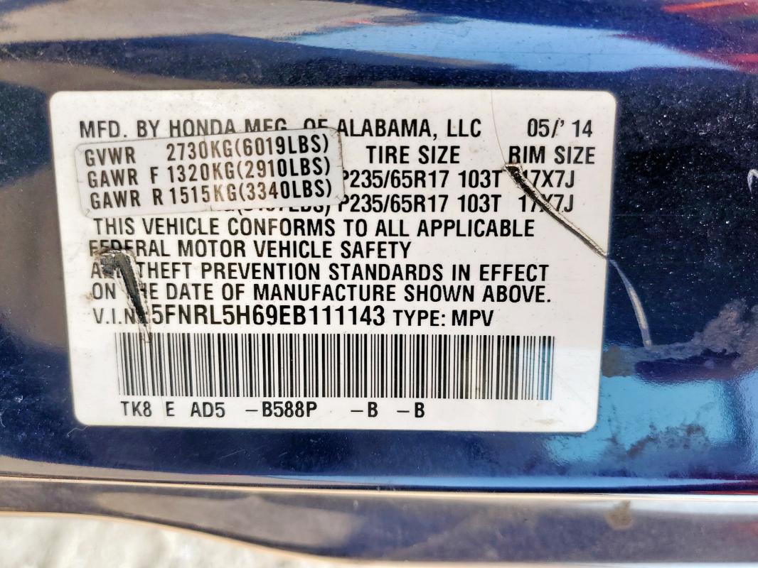 5FNRL5H69EB111143 - 2014 HONDA ODYSSEY EXL Blau Foto 13