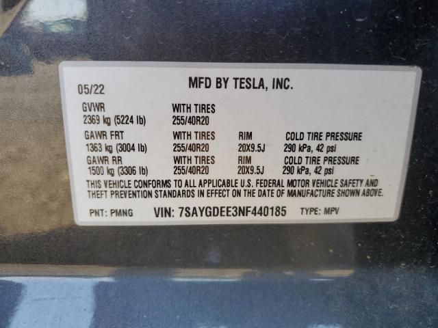 7SAYGDEE3NF440185 - 2022 TESLA MODEL Y Szary zdjęcie 12