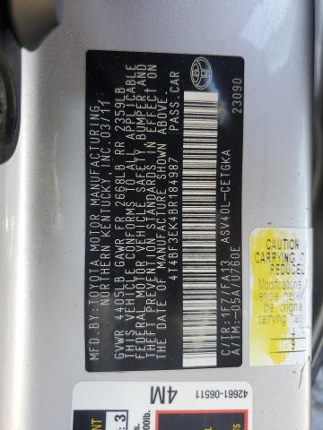 4T4BF3EK4BR184987 - 2011 TOYOTA CAMRY BASE SILVER photo 12