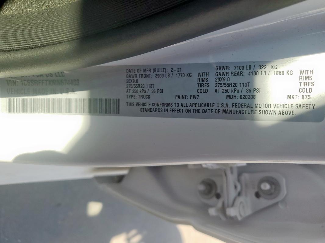 1C6SRFFTXMN674403 - 2021 RAM 1500 BIG HORN/LONE STAR WHITE photo 12