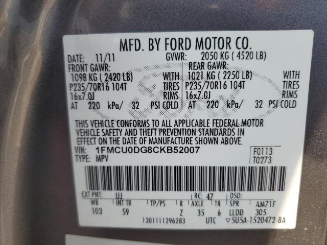 1FMCU0DG8CKB52007 - 2012 FORD ESCAPE XLT Gris photo 14