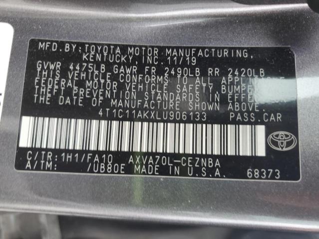 4T1C11AKXLU906133 - 2020 TOYOTA CAMRY LE GRAY photo 12