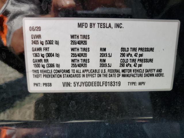 5YJYGDEE0LF018319 - 2020 TESLA MODEL Y შავი ფოტო 13