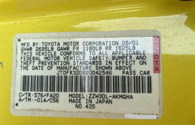 JTDFR320820042546 - 2002 TOYOTA MR2 SPYDER YELLOW photo 10