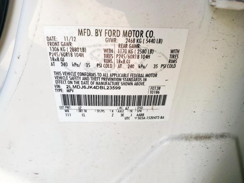 2LMDJ6JK4DBL23599 - 2013 LINCOLN MKX WHITE photo 13