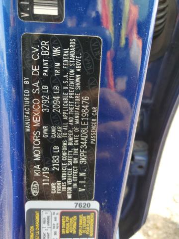 3KPF34AD8LE198476 - 2020 KIA FORTE GT LINE BLUE photo 12