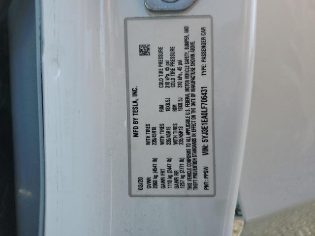 5YJ3E1EA0LF706431 - 2020 TESLA MODEL 3 Blanc photo 13