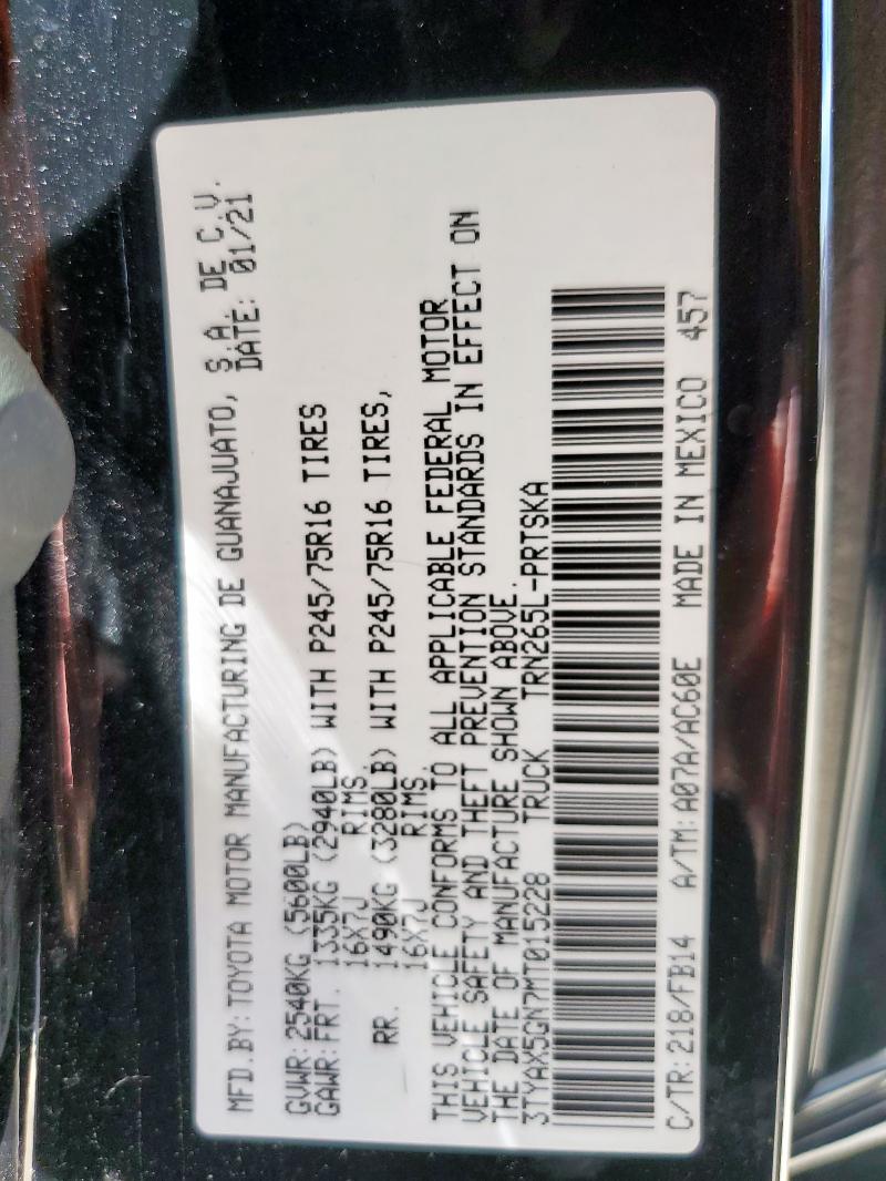 3TYAX5GN7MT015228 - 2021 TOYOTA TACOMA DOUBLE CAB Noir photo 13