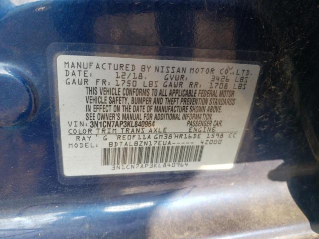 3N1CN7AP3KL840964 - 2019 NISSAN VERSA S 蓝色 照片 12