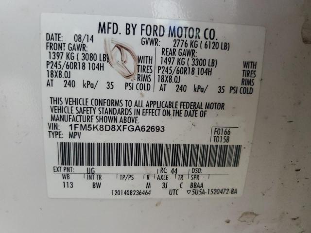 1FM5K8D8XFGA62693 - 2015 FORD EXPLORER XLT Biały zdjęcie 14