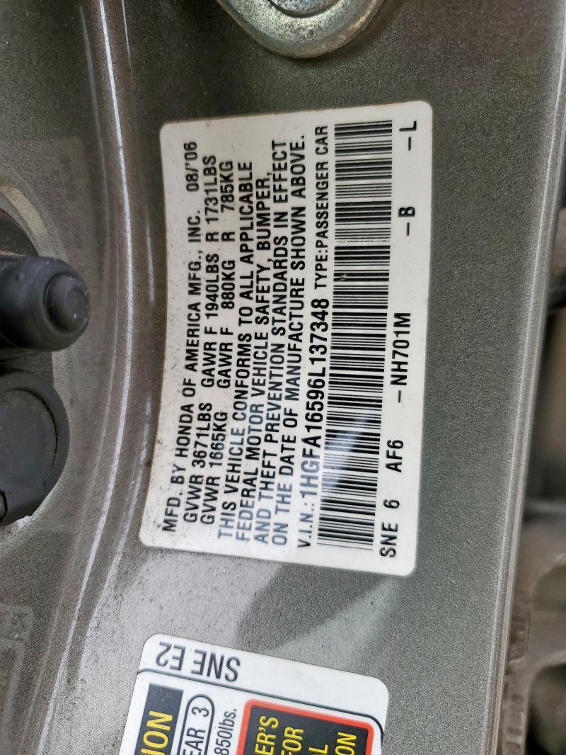 1HGFA16596L137348 - 2006 HONDA CIVIC LX GRAY photo 12