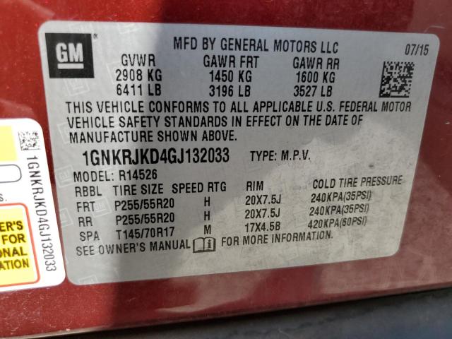 1GNKRJKD4GJ132033 - 2016 CHEVROLET TRAVERSE LTZ MAROON photo 13