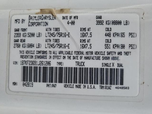 1B7KF23691J261206 - 2001 DODGE RAM 2500 WHITE photo 12