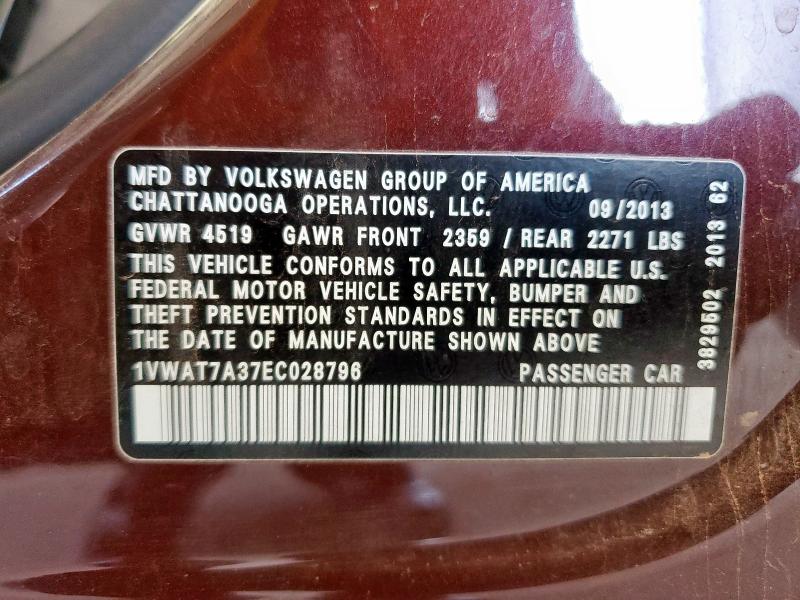 1VWAT7A37EC028796 - 2014 VOLKSWAGEN PASSAT S მუქწითელი ფოტო 12