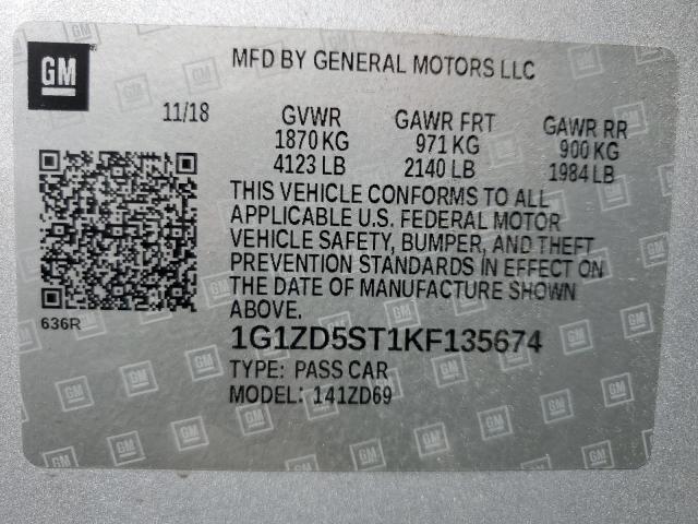 1G1ZD5ST1KF135674 - 2019 CHEVROLET MALIBU LT Сріблястий фото 12