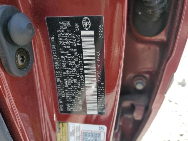 4T1BE32K74U333123 - 2004 TOYOTA CAMRY LE RED photo 12