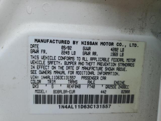 1N4AL11D63C131557 - 2003 NISSAN ALTIMA BASE WHITE photo 12