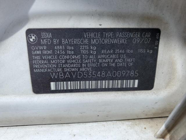 WBAVD53548A009785 - 2008 BMW 335 XI WHITE photo 12