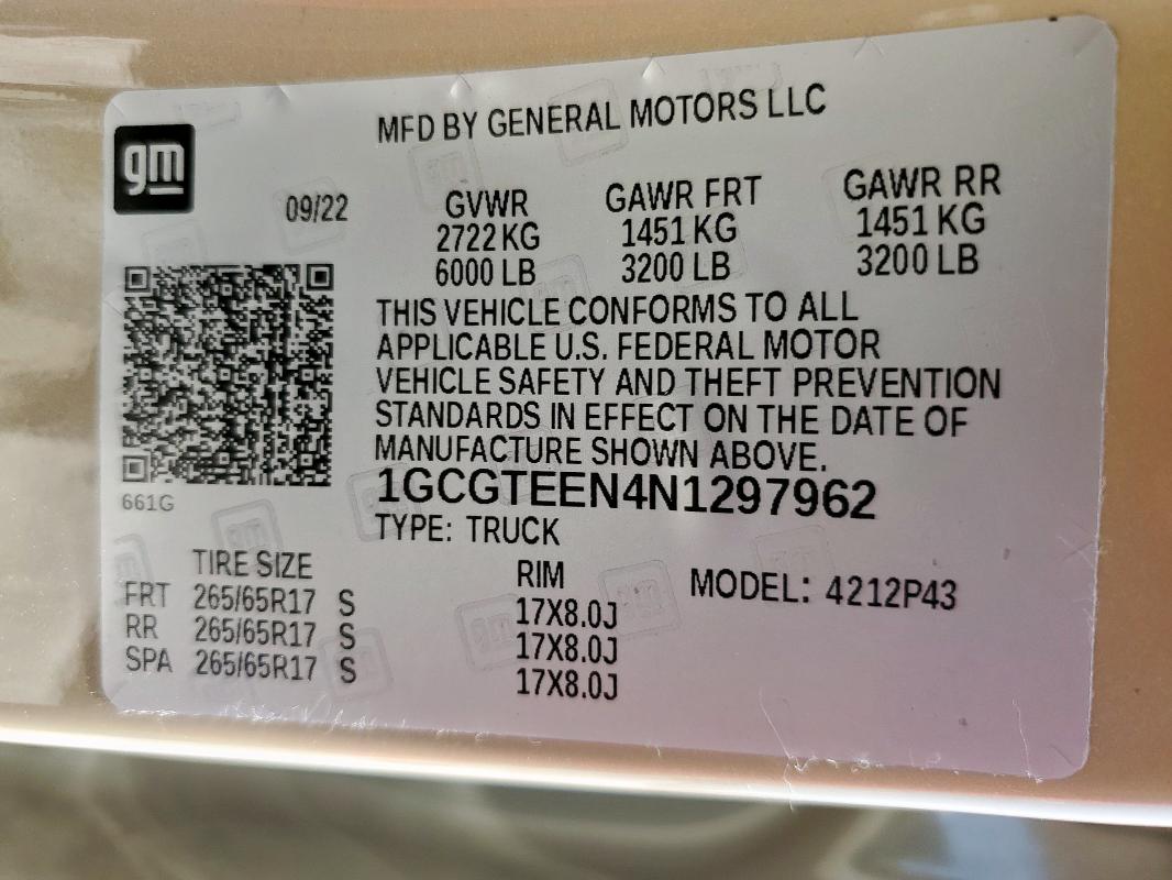 1GCGTEEN4N1297962 - 2022 CHEVROLET COLORADO ZR2 TAN photo 12