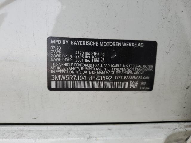 3MW5R7J04L8B43592 - 2020 BMW 330XI WHITE photo 12