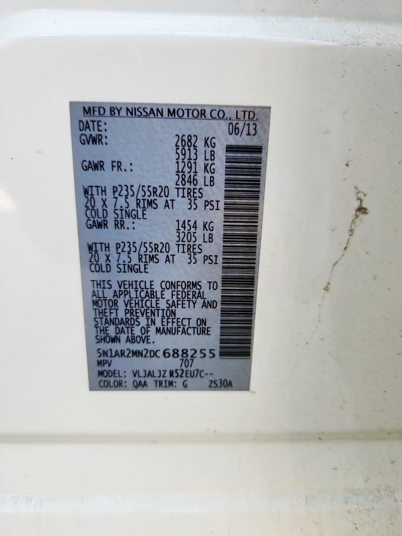 5N1AR2MN2DC688255 - 2013 NISSAN PATHFINDER S 白色 照片 13