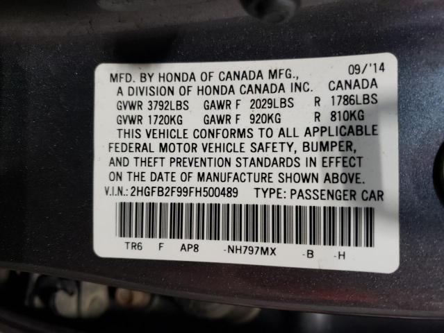 2HGFB2F99FH500489 - 2015 HONDA CIVIC EXL GRAY photo 12