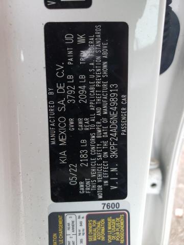 3KPF24AD6NE498913 - 2022 KIA FORTE FE WHITE photo 12