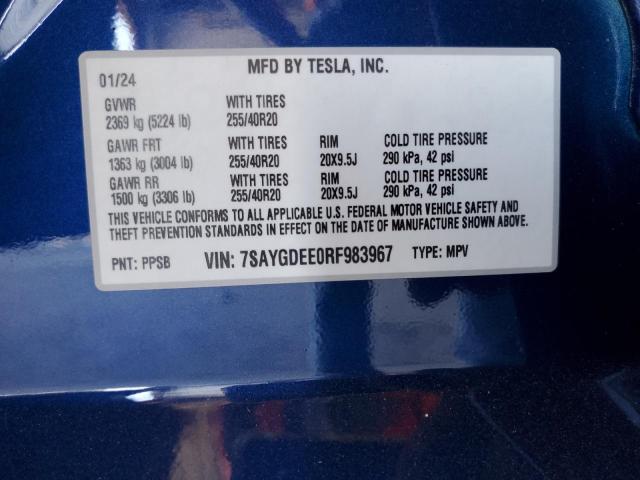 7SAYGDEE0RF983967 - 2024 TESLA MODEL Y Синій фото 12