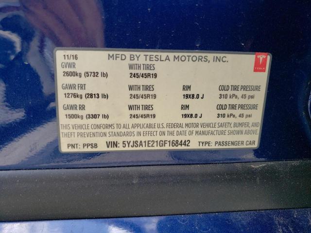 5YJSA1E21GF168442 - 2016 TESLA MODEL S ლურჯი ფოტო 12