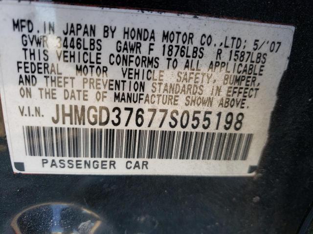 JHMGD37677S055198 - 2007 HONDA FIT S BLACK photo 10