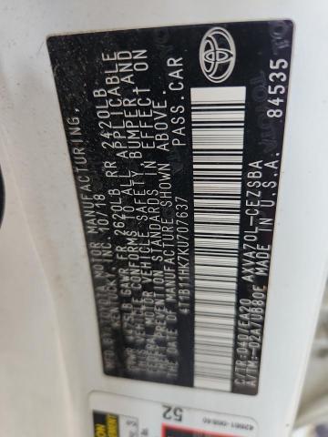 4T1B11HK7KU707637 - 2019 TOYOTA CAMRY L Ақ фото 12