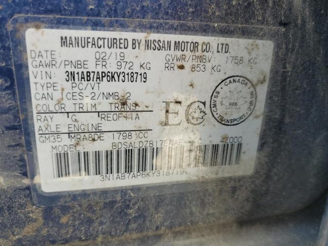 3N1AB7AP6KY318719 - 2019 NISSAN SENTRA S 蓝色 照片 12