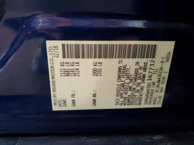 1N4AA6AV2KC367732 - 2019 NISSAN MAXIMA S BLUE photo 12