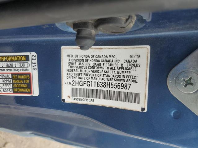 2HGFG11638H556987 - 2008 HONDA CIVIC LX BLUE photo 12