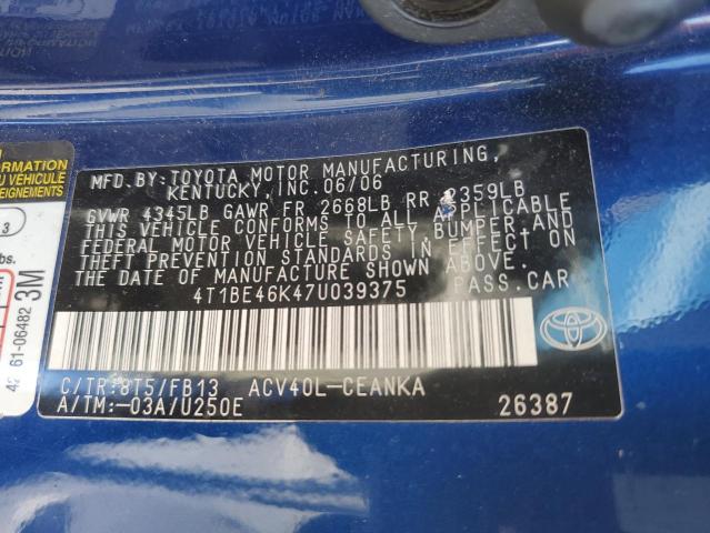 4T1BE46K47U039375 - 2007 TOYOTA CAMRY CE 蓝色 照片 12