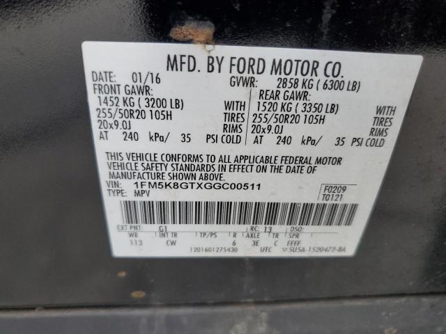 1FM5K8GTXGGC00511 - 2016 FORD EXPLORER SPORT შავი ფოტო 13