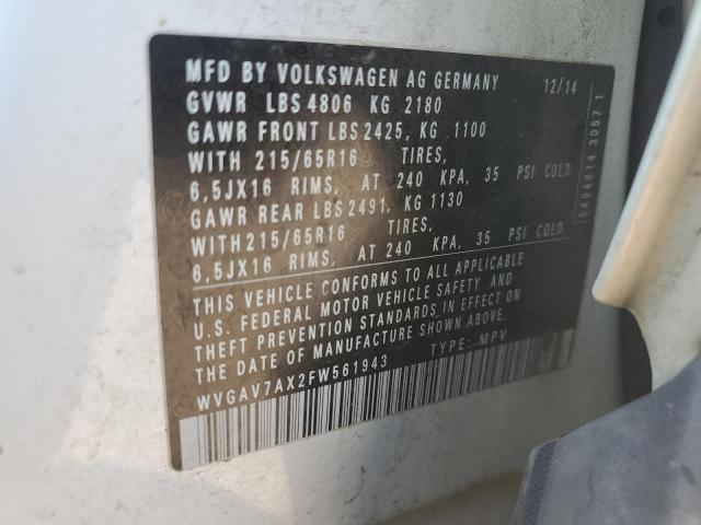 WVGAV7AX2FW561943 - 2015 VOLKSWAGEN TIGUAN S WHITE photo 13