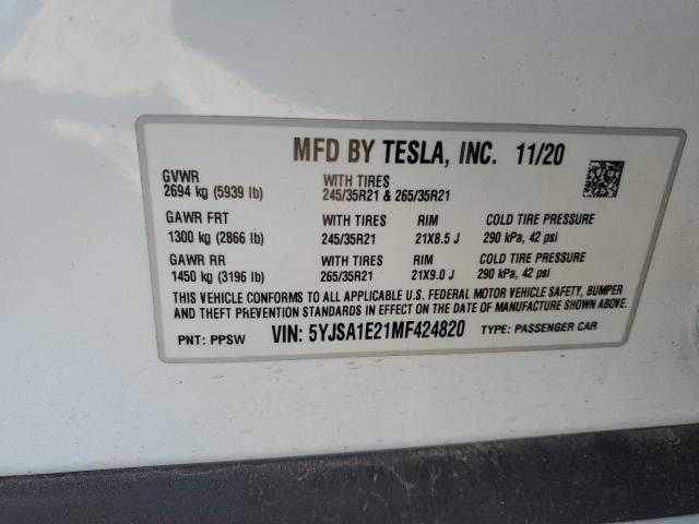 5YJSA1E21MF424820 - 2021 TESLA MODEL S أبيض صورة 13
