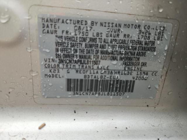 3N1CN7AP8JL811507 - 2018 NISSAN VERSA S SILVER photo 12