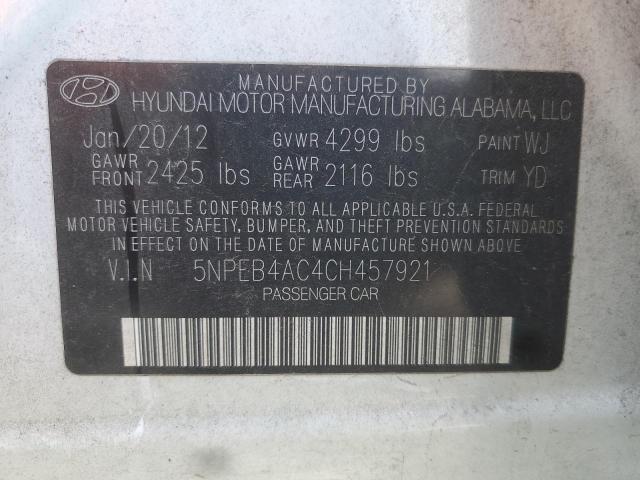 5NPEB4AC4CH457921 - 2012 HYUNDAI SONATA GLS WHITE photo 12