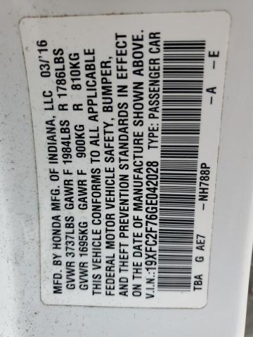 19XFC2F76GE042028 - 2016 HONDA CIVIC EX თეთრი ფოტო 12