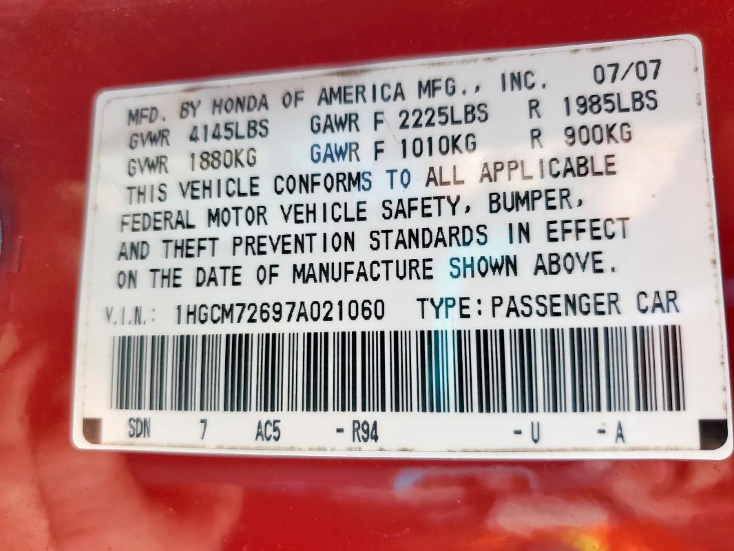 1HGCM72697A021060 - 2007 HONDA ACCORD EX RED photo 13