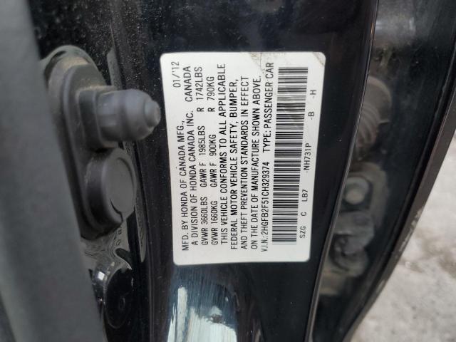 2HGFB2F51CH329374 - 2012 HONDA CIVIC LX BLACK photo 13