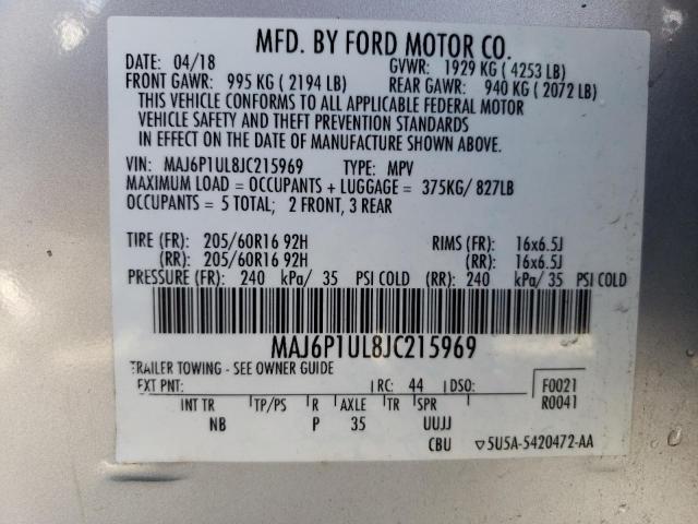 MAJ6P1UL8JC215969 - 2018 FORD ECOSPORT SE SILVER photo 13