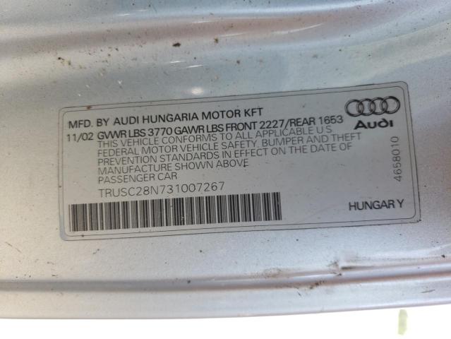 TRUSC28N731007267 - 2003 AUDI TT SILVER photo 12