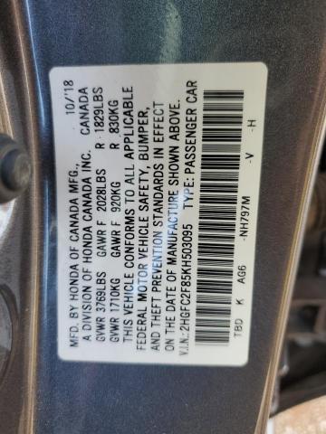 2HGFC2F85KH503095 - 2019 HONDA CIVIC SPORT CHARCOAL photo 12