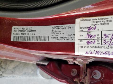 1C6SRFFT1NN180562 - 2022 RAM 1500 BIG HORN/LONE STAR BURGUNDY photo 13