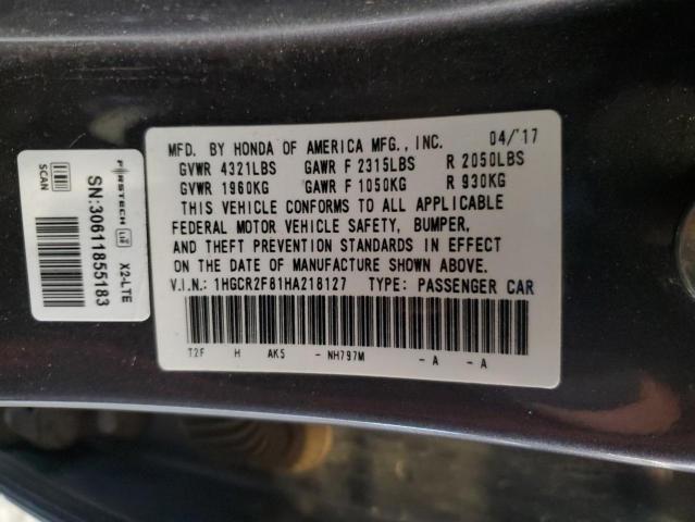 1HGCR2F81HA218127 - 2017 HONDA ACCORD EXL GRAY photo 12